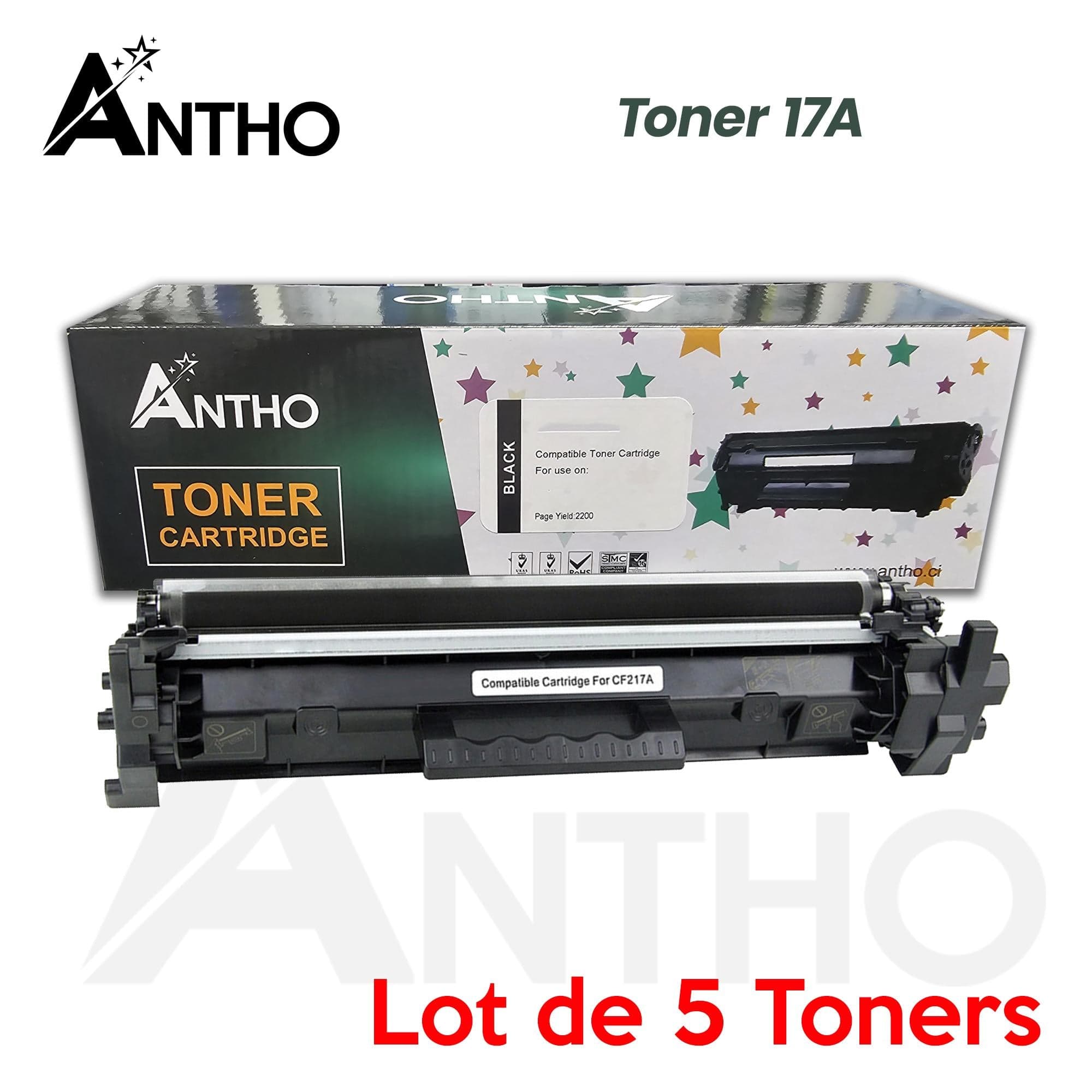 Lot de 5 Toners compatible 17A - CF217A - Ant - Noir