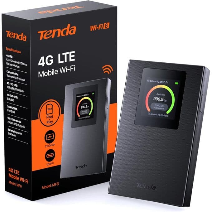 tenda MF6 Routeur 4G SIM Portable, WiFi 6 AX300Mbps, Pocket WiFi Portable, MiFi 4G LTE CAT4 150Mbps, Batterie Rechargeable 2100mAh, USB-C, WPA3, Compatible avec Nano SIM Carte, Plug et Play