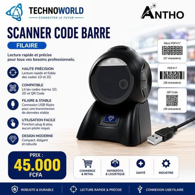 ANTHO Lecteur Code Barre filaire 1D - 2D - USB - Scanner - QR Code